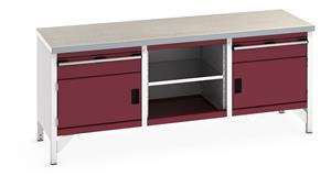 41002054.** Bott Cubio Storage Workbench 2000mm wide x 750mm Deep x 840mm high supplied with a Linoleum worktop (particle board core with grey linoleum surface and plastic edgebanding), 2 x 150mm high drawers, 2 x 350mm high integral storage cupboards and 1...